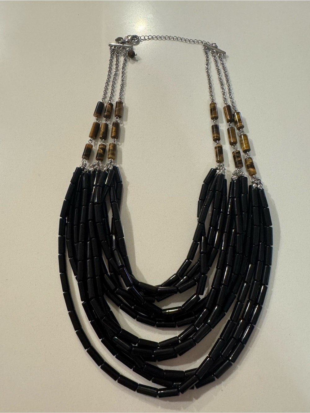 Lia Sophia Black Multi-Strand Beaded Necklace with Tiger Eye Accents